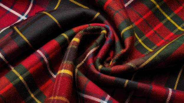 Close up of Red and Green Scottish Tartan Fabric, Textured Pattern photo
