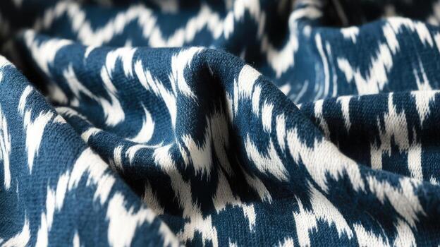 Detailed View of a Folded Blue and White Ikat Pattern Fabric photo