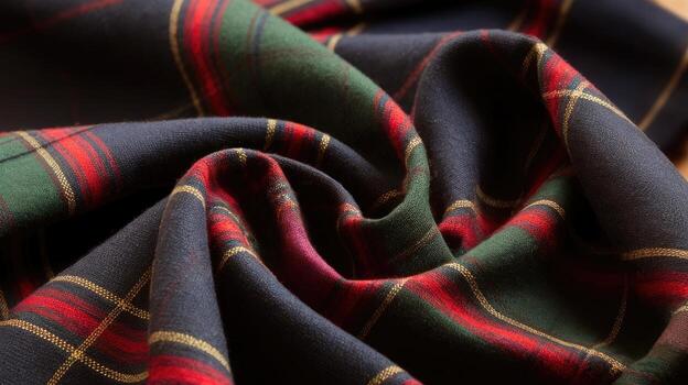 Close up of Folded Tartan Fabric Shows Pattern and Texture in Detail photo