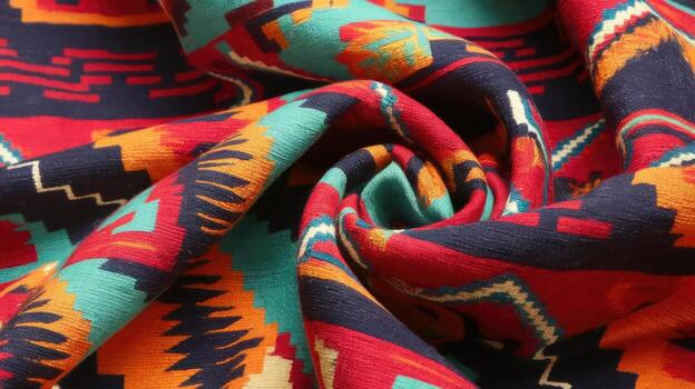 Close up of Southwestern Style Fabric With Geometric Patterns in Red, Blue, Turquoise, and Orange photo