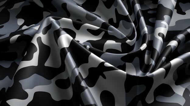 Close up of Gray Scale Camouflage Patterned Fabric With Draped, Flowing Texture photo