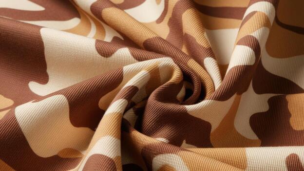Close up of Brown, Beige, and Tan Camouflage Fabric With Visible Texture and Soft Folds photo