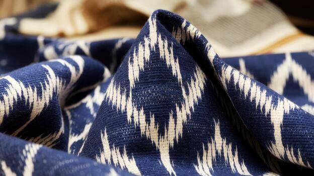 Close up of a Folded Blue and White Patterned Ikat Textile photo