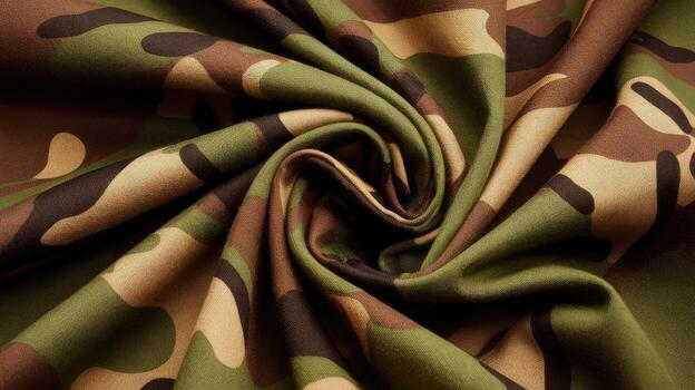 Swirled Camouflage Fabric Displaying a Military Pattern of Green, Brown, and Beige Colors photo