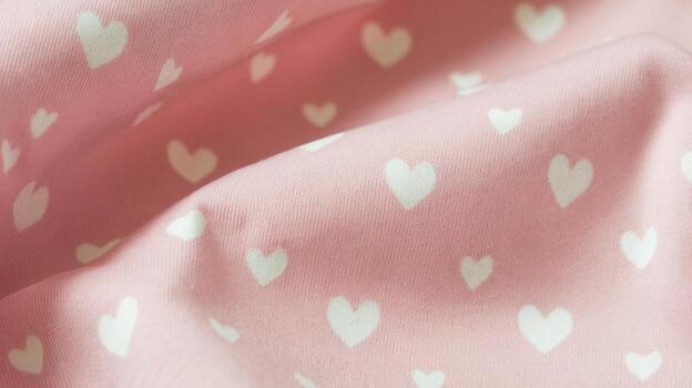 Close up of Pastel Pink Fabric With Repeating White Heart Pattern photo