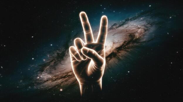 Glowing Hand Makes a Peace Sign Gesture in Front of Distant Nebula photo