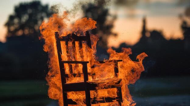 Old Chair Ablaze at Sunset in a Field With Trees in the Background photo