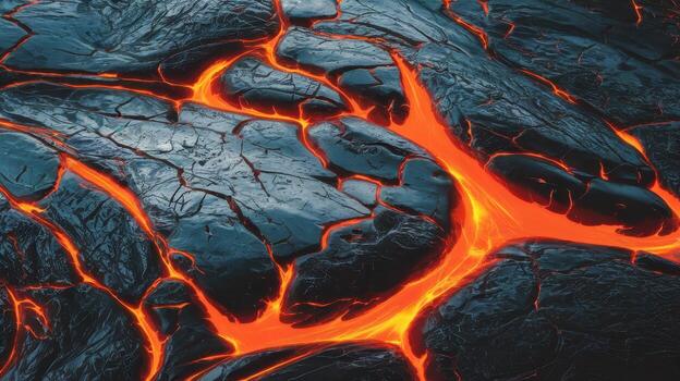 Active Lava Flowing and Cooling Into Dark Rock Formation in a Volcanic Landscape photo