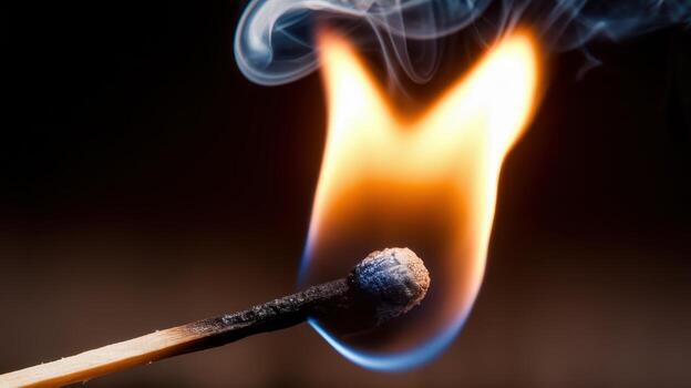 Burning Matchstick With a Flame and Smoke Against a Dark Background photo