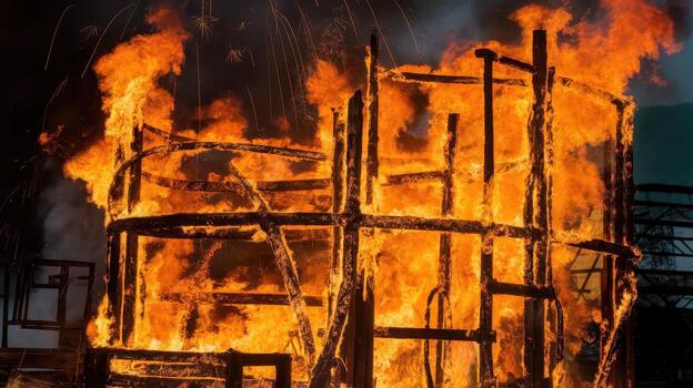 Large Wooden Structure is Completely Engulfed in Flames at Night With Sparks Flying photo