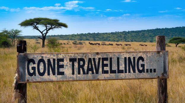 Gone Travelling Sign in Tanzania With Wildebeest Migration and Grassland View photo