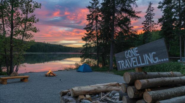 Camping Scene at a Beautiful Lake at Dusk With 'Gone Travelling' Sign photo