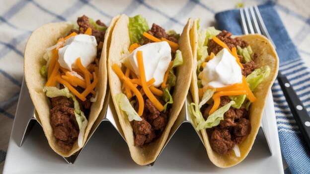 Three Tacos Filled With Meat, Cheese, Lettuce, and Cream on a Plate photo