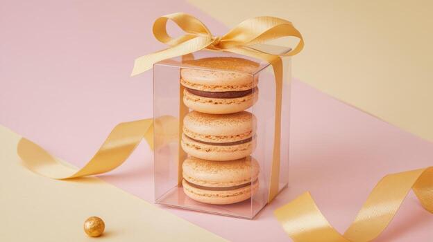 Delicious Macarons Stacked in a Clear Box With a Gold Ribbon on Pastel Background photo