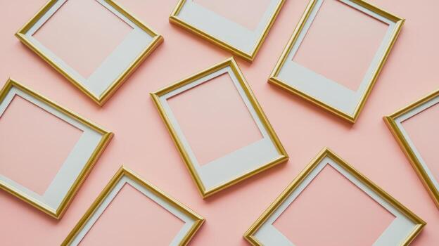 Elegant Display of Golden and White Frames on a Light Pink Backdrop photo