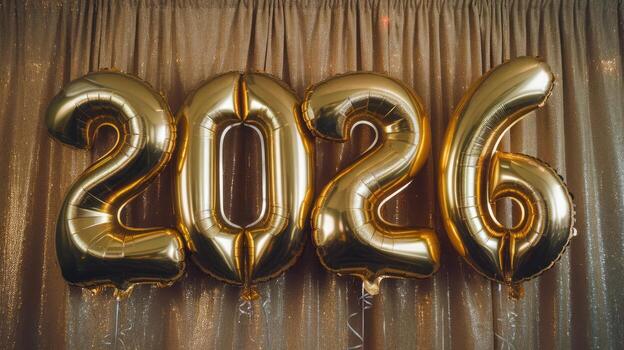 Gold Balloons Showing the Date 2026 Against a Shiny Golden Curtain photo