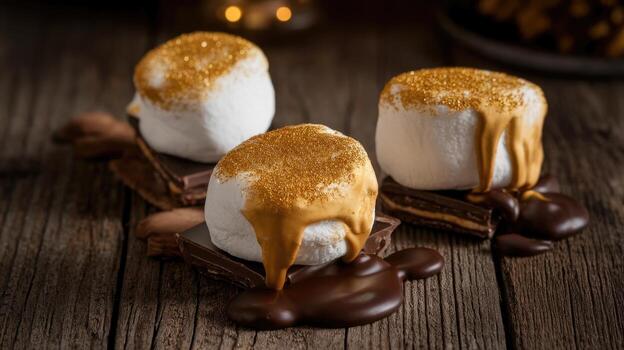 Three Golden Dusted Marshmallows With Melted Toppings Sit Atop Pieces of Chocolate photo