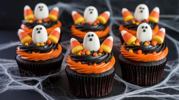 Halloween Cupcakes With Ghost and Candy Corn on Spider Web Background photo