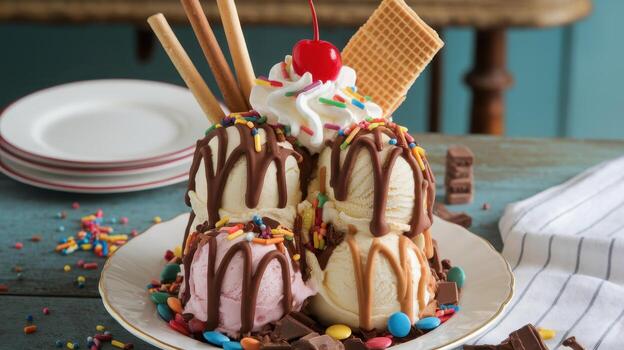 Delicious Sundae With Multiple Scoops of Ice Cream, Toppings, and a Cherry on Top photo
