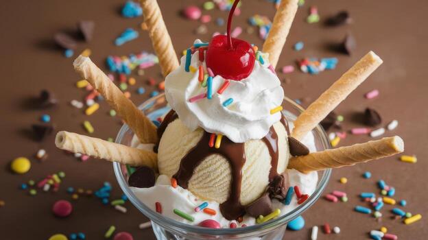 Delicious Sundae With Vanilla Ice Cream, Chocolate Syrup, and a Cherry on Top photo