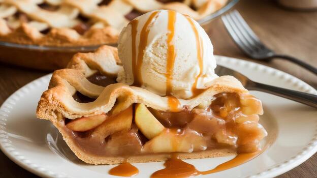 Slice of Apple Pie With Ice Cream and Caramel on White Plate photo