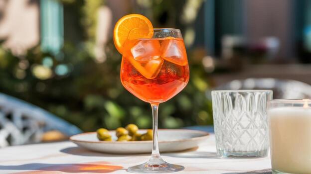 Aperol Spritz With Orange Slice at a Garden Table on a Bright Summer Day photo