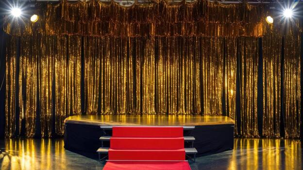 Empty Theater Stage With Gold Curtain and Red Carpet Steps photo