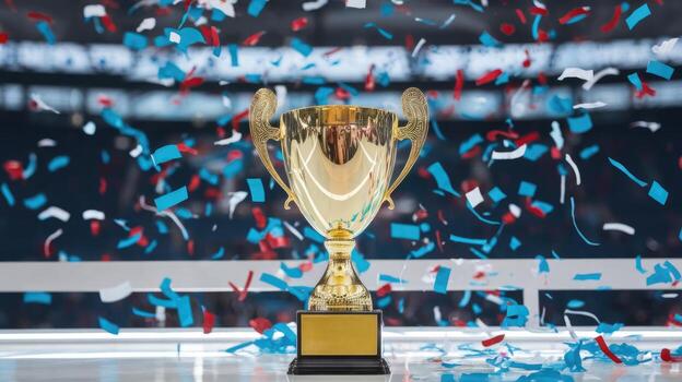 Golden Award Trophy Sits on a Table With Falling Confetti in an Indoor Arena photo