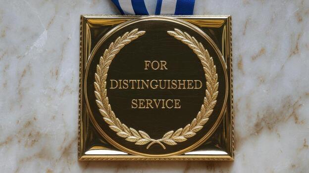Distinguished Service Medal With Gold Frame on Marble Background photo