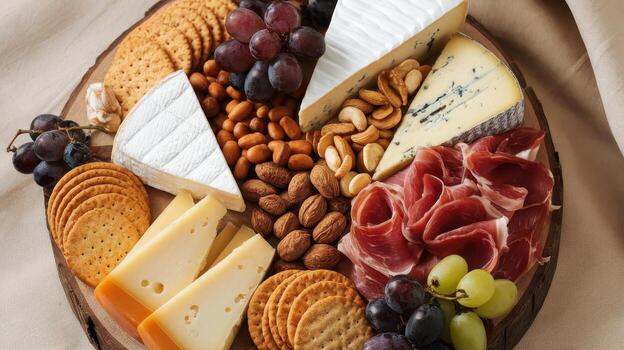 Assorted Cheese Board With Meat, Grapes, Crackers and Nuts on a Wooden Surface photo