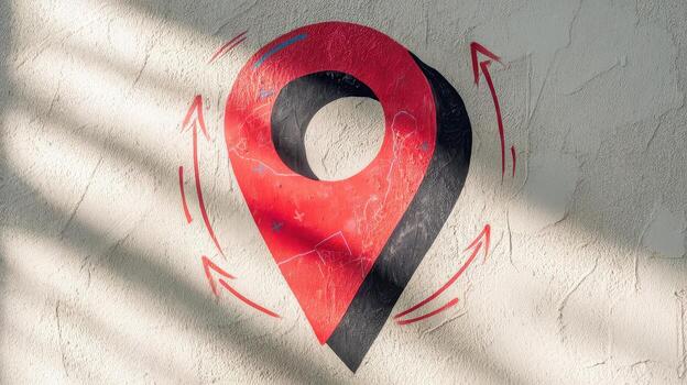 Red Location Pin Symbol Painted on White Wall With Arrows Indicating Direction photo