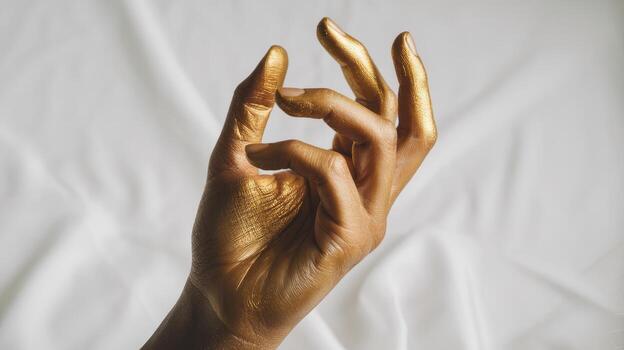 Hand Covered in Shiny Gold Paint Making a Gesture on White Fabric photo
