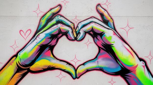 Graffiti Art Depicting Two Colorful Hands Making a Heart Shape photo