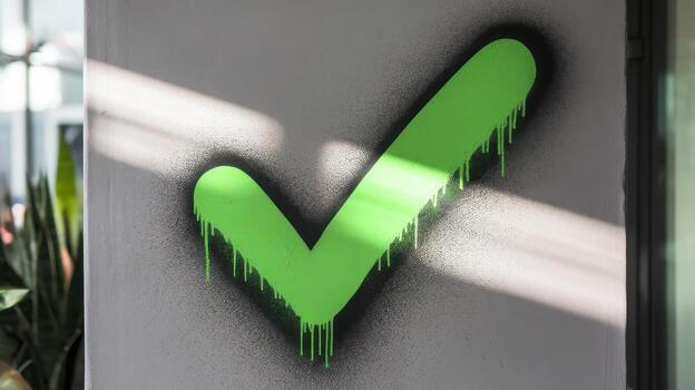 Green Check Mark With Dripping Paint is Spray Painted on a Concrete Wall Inside photo