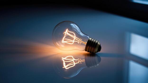 Light Bulb With Glowing Filament Rests on Reflective Surface at Night photo