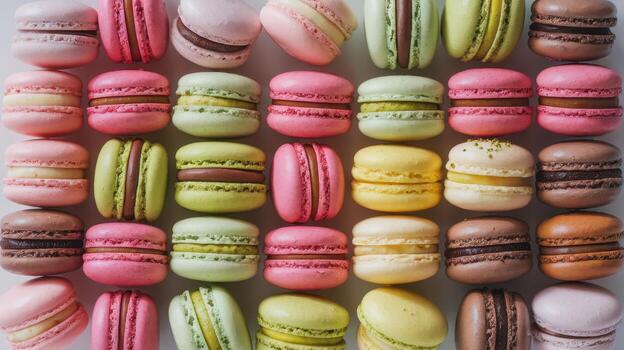 Many Colorful Macarons Arranged in Rows on a White Surface for a Tasty Dessert Treat photo