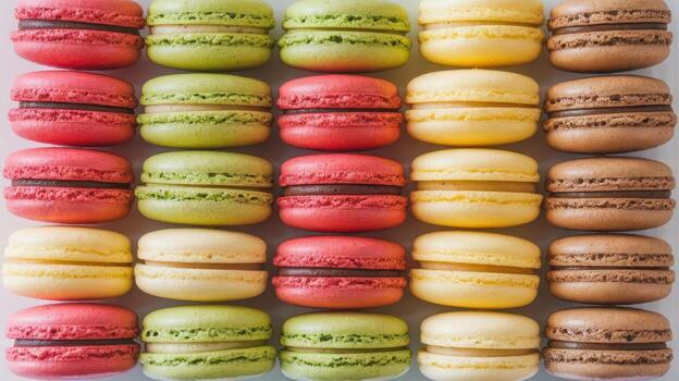Rows of Colorful Macarons Display Sweetness and Elegance on a Plain Surface photo