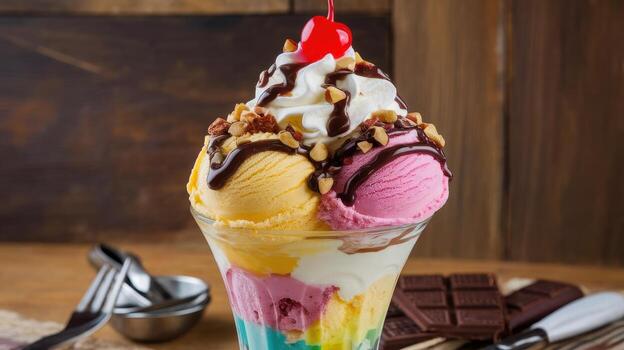 Colorful Ice Cream Sundae With Toppings on a Wooden Table photo
