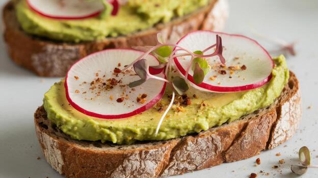 Two Slices of Avocado Toast With Radish and Microgreens Sit on a Plate photo