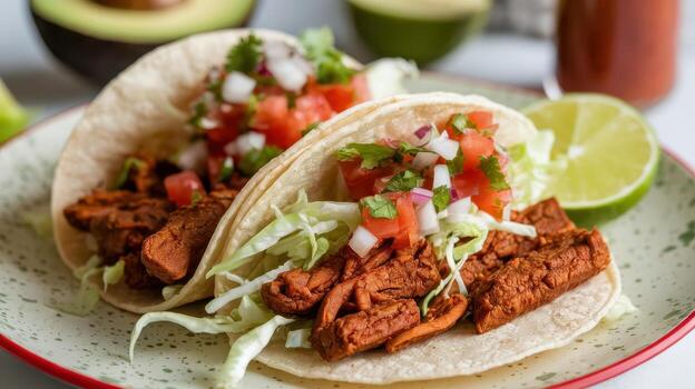 Two Delicious Tacos Al Pastor With Toppings Sit on a Patterned Plate photo