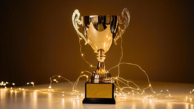Shiny Gold Trophy Sitting on a Table, Illuminated by Soft, Glowing String Lights photo