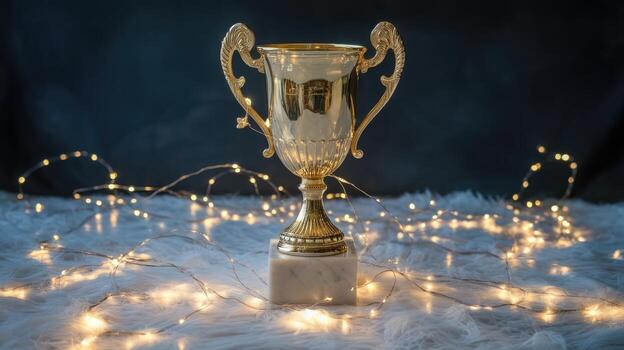 Golden Trophy Sits on a White Furry Surface With Decorative String Lights Around It photo
