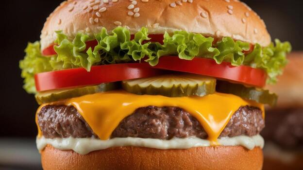 Closeup of a Juicy Cheeseburger With Lettuce, Tomatoes, and Pickles photo