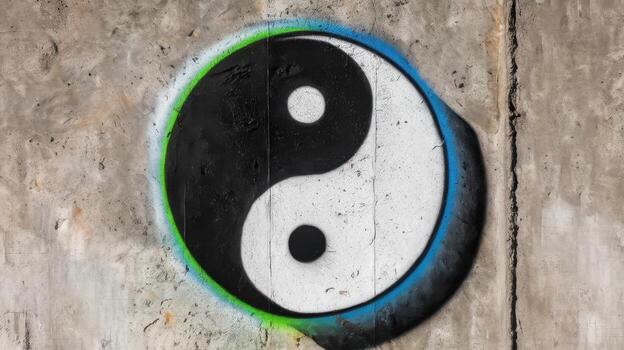 Yin and Yang Painted on Concrete Wall With Colorful Border photo