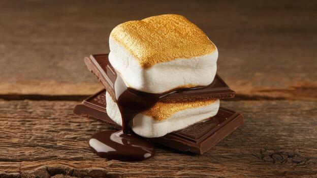 Delicious Toasted Marshmallow and Chocolate Stack Sits on Wood photo