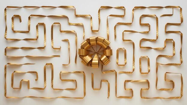 Golden Ribbon Maze on a White Surface Leads to a Central Bow photo