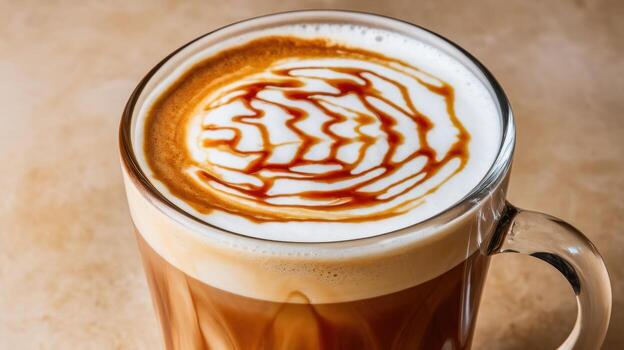 Caramel Macchiato in a Glass Mug With Foam and Caramel Drizzle Design photo
