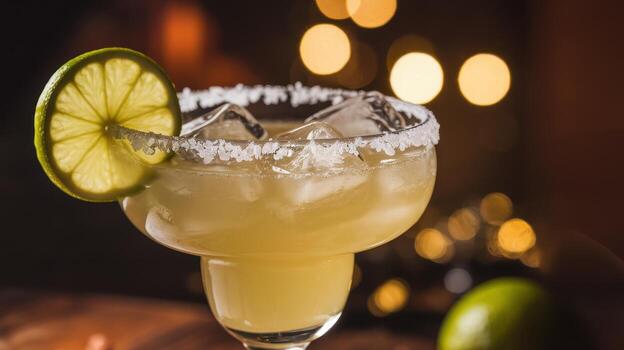 Margarita Cocktail With Lime Slice and Salted Rim in Low Light photo