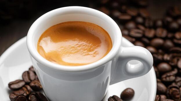 taza de Café exprés se sienta en un platillo rodeado por café frijoles en un oscuro mesa foto