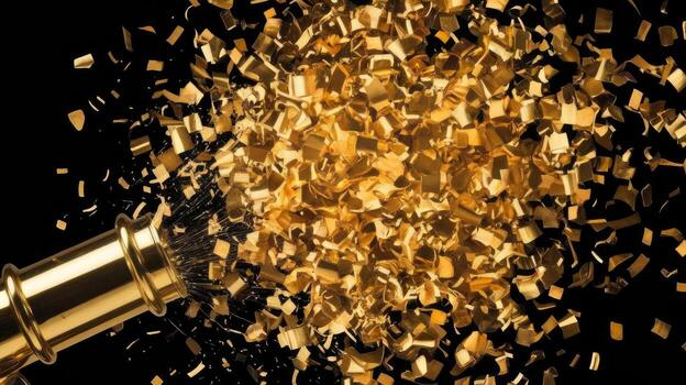 Gold Confetti Exploding From a Party Popper on a Plain Black Background photo